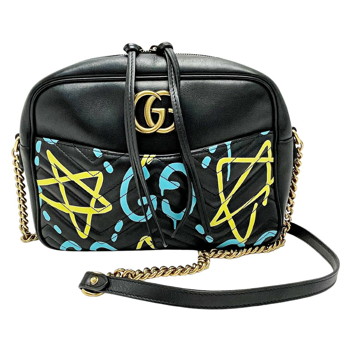 ☆☆【中古】GUCCI グッチ GGマーモント 443499 ブラック/イエロー/ブルー チェーンショルダーバッグ レディース ゴールド金具 Bランク