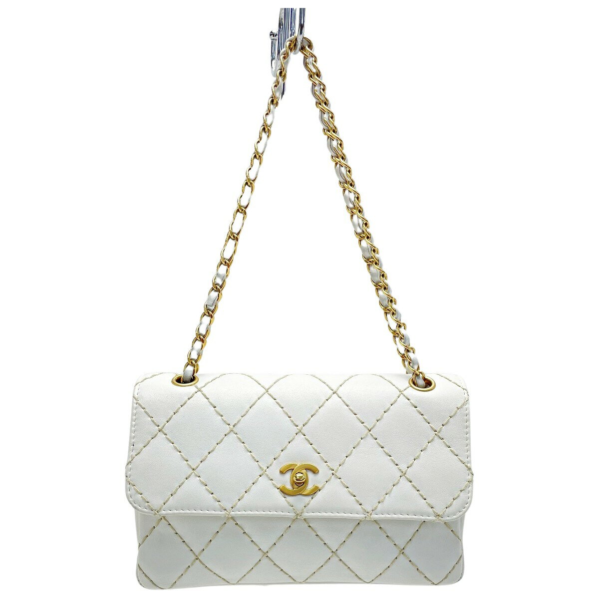 ☆☆【中古】CHANEL シャネル マトラッセ25 ワイルドステッチ A14687 ホワイト チェーンショルダーバッグ ゴールド金具 ギャランティ・布袋有 Bランク