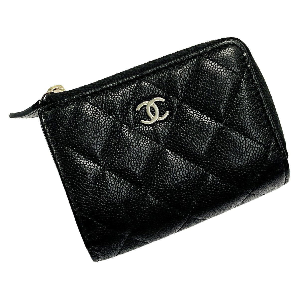 ☆☆【中古】CHANEL シャネル ジッピーウォレット ブラック 3つ折り財布 キャビアスキン レディース ゴールド金具 Aランク