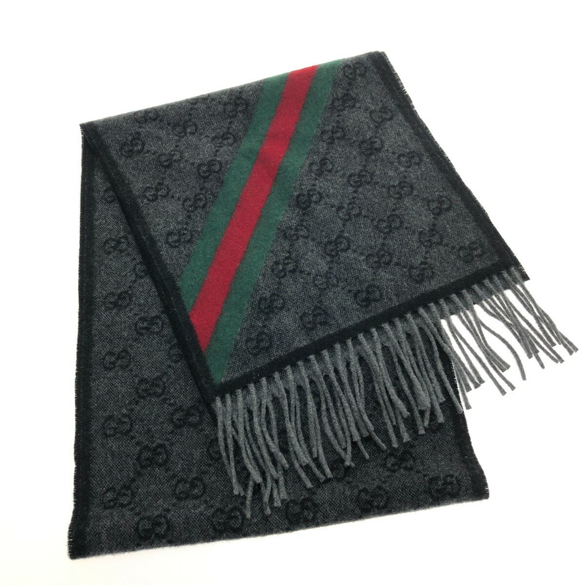 □□【中古】GUCCI グッチ マフラー GGロゴ フリンジ 本体のみ 570603 3G200 ブラック Bランク