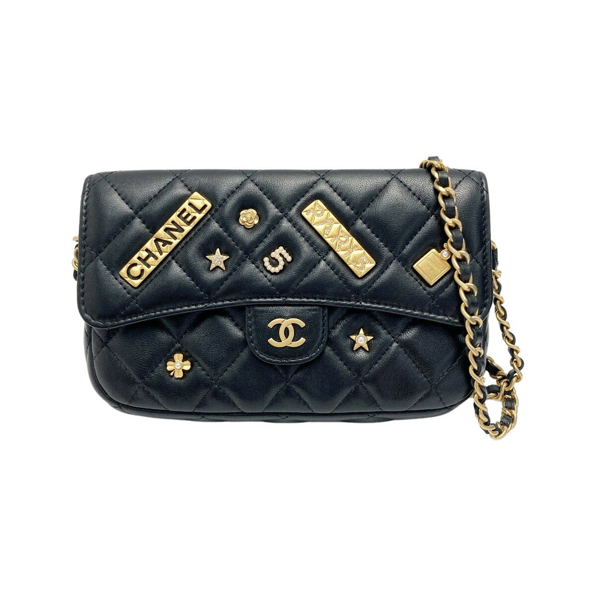 ☆☆【中古】CHANEL シャネル マトラッセ フラップ フォンケース AP2096 ブラック チェーンショルダー ラムスキン ギャランティカード有 Bランク