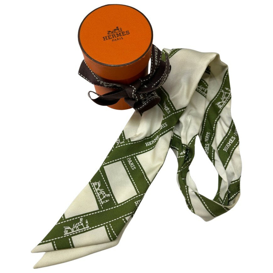 ◆◆【中古】HERMES エルメス ツイリー リボンスカーフ ベージュ×グリーン Bランク