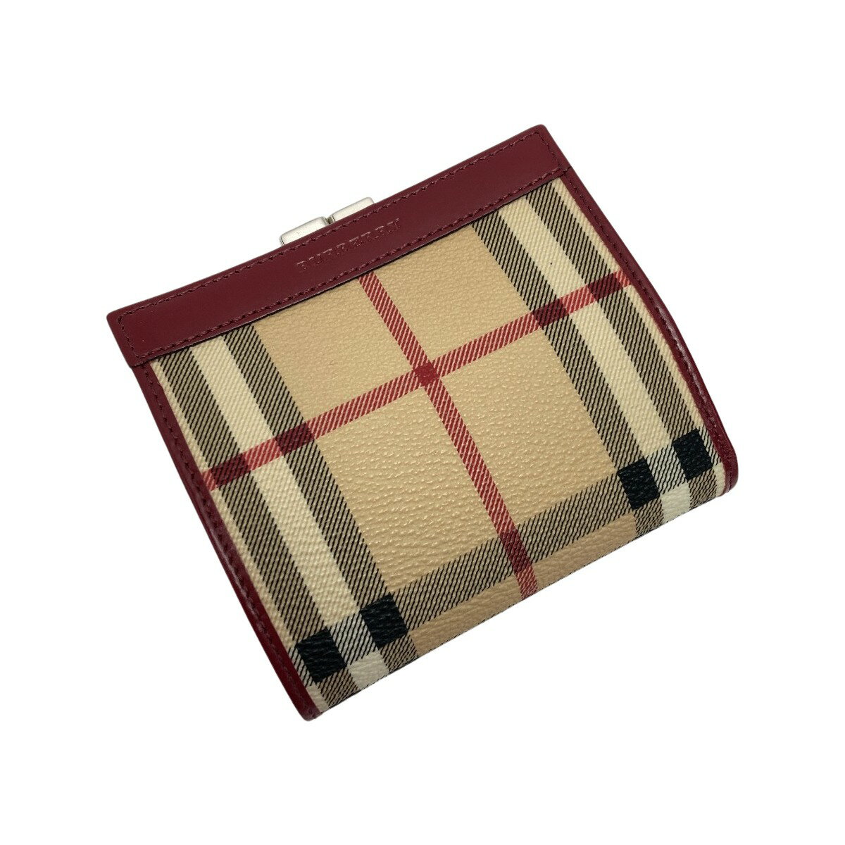 ☆☆【中古】BURBERRY LONDON バーバリーロンドン チェック柄 がま口 2つ折り財布 バーガンディー 布袋有 Bランク