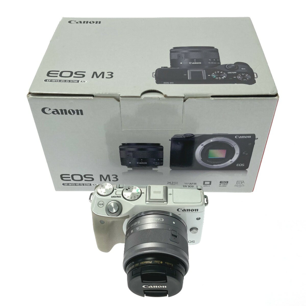 【商品名】中古 CANON キャノン EOS M3 EF-M15-45 IS STM レンズキット ミラーレス一眼カメラ 箱付き Bランク ◆こちらの商品は「なんでもリサイクル ビッグバン旭川宮前店 」からの出品です。 質問欄からの質問回答はいたしておりませんので、商品について質問がございましたら、 出品店舗にお電話にてお問い合わせください。 ※「リサイクルビッグバン楽天市場店の出品商品」と「店舗内商品コード（13桁）」をお知らせ下さい。 電話番号：0166-38-3196 【店舗内商品コード】1017004071782 【メーカー】CANON/キャノン 【付属品】外箱・取扱説明書・バッテリー・ストラップ・ボディキャップ・CD-ROM ・バッテリーチャージャー ・レンズキャップ 【ランク】Bランク　通常使用による傷や汚れが見受けられる中古品 【動作確認】動作確認を行っております 【規格・仕様】レンズ：EF-M15-45mm F3.5-6.3 IS STM フィルター径 49mm 【詳細備考】カメラボディ：スレ傷、少々のヨゴレあり 液晶部分：多少のスレ傷あり レンズボディ：少々のスレ傷あり レンズ： クモリ/カビ：無し・チリ/ホコリ：少々あり レンズ表面：少々のスレ傷、少々のヨゴレあり ボディ・レンズボディに画像に写らない細かいキズがございます。 外箱・その他付属品にスレ傷などがあります。 店頭との併売商品のため、記載に無い細かなキズ、汚れが見受けられるなど多少商品状態が変化する場合がございます。 【使用予定配送業者】佐川急便 または 日本郵便　80サイズ　※お客様による配送方法の指定は承っておりません。 【こちらの商品は在庫連動システムを導入し、店頭や他ネットショップと併売を行なっておりますが、タイミングによりシステムの反映が間に合わず欠品となってしまう場合がございます。 売切れの場合は、ご購入をキャンセルさせていただく場合がございます。】 【備考/コメント】 程度B ■状態等は画像をご確認・ご参照下さい。 ■こちらの商品はお客様から買取させていただいた商品であり、人の手を経た商品です。 評価ご不要のお客様は、ご落札・ご購入をお控えください。 ■弊社（株式会社オカモトRMC）を装った偽装サイトにご注意ください■ 弊社（株式会社オカモトRMC）の商品画像や文章を無断盗用した『偽装サイト』を確認しておりますが、当店とは一切関係がございませんのでご注意ください。 表示中のWEBページのURLをご確認ください。（弊社からの出品は下記サイトのみとなります。） ■楽天市場　・https://www.rakuten.co.jp/　・https://item.rakuten.co.jp/●●● ■ Yahoo!オークション　■Yahoo!ショッピング ■デジマート　■amazon　■ebay ■メルカリshops　■ラクマ ■なんでもリサイクルビッグバン　公式オンラインストア 【偽装サイトの特徴】 ・オンラインストアのURLが上記以外のもの。 ・弊社の販売価格より、安価で販売されている。 ・銀行振込先名義が個人や外国人名である。 ・事業者の住所の記載はあるが、場所を調べてみるとおかしい。 （弊社は北海道帯広市に所在しており、北海道内の各店舗より商品発送致します。）