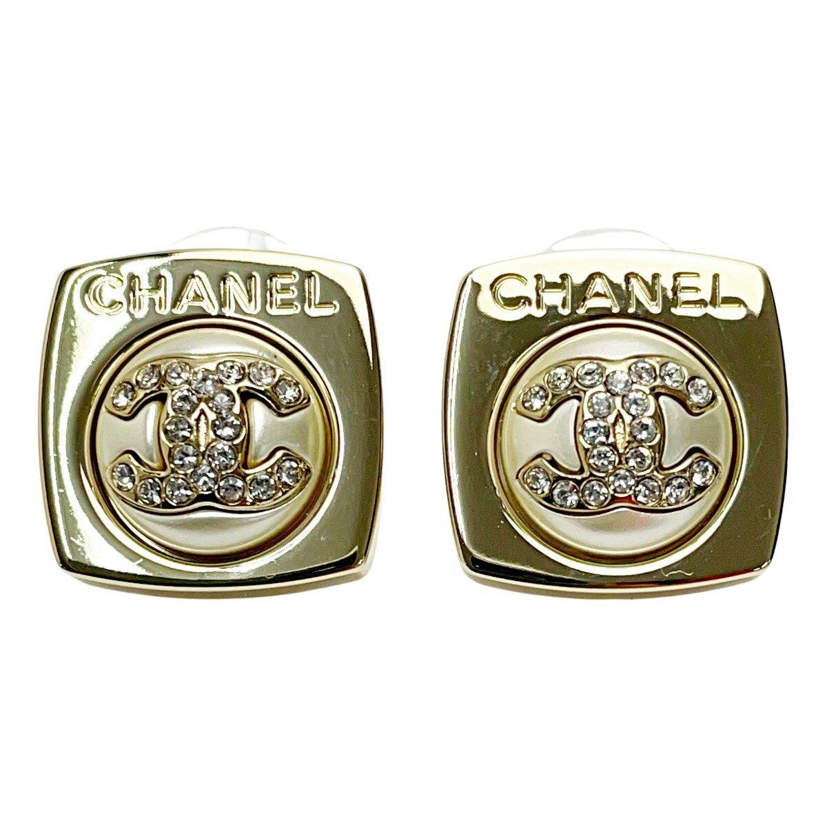 ☆☆【中古】CHANEL シャネル ココマーク ABA746 シャンパンゴールド ピアス スクエア ラインストーン フェイクパール GP アクセサリー Bランク