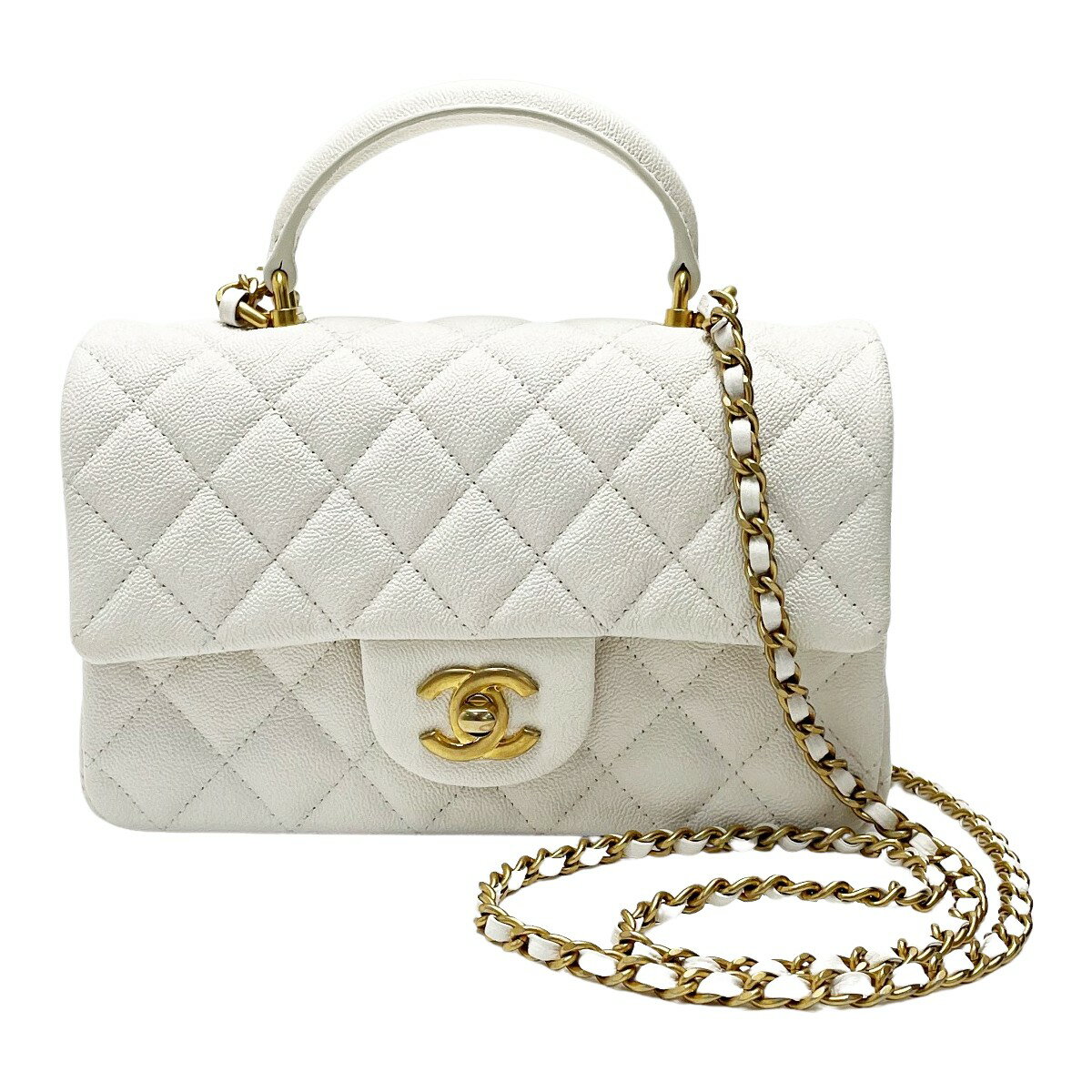 ☆☆【中古】CHANEL シャネル マトラッセ トップハンドルミニフラップ AS2431 アイボリー チェーンショルダーバッグ キャビアスキン ギャランティ有 Bランク