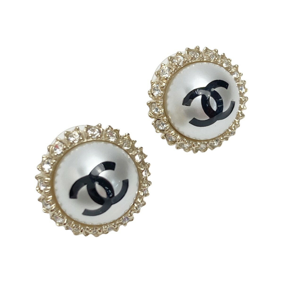 ☆☆【中古】CHANEL シャネル ココマーク フェイクパール ラウンドピアス A20P シャンパンゴールド ラインストーン GP Aランク