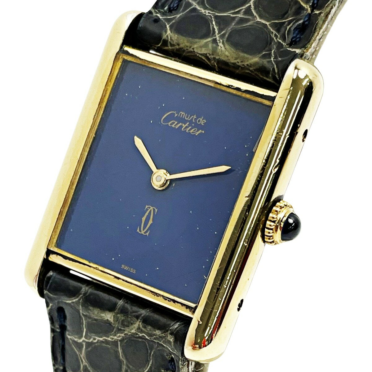 ☆☆【中古】Cartier カルティエ マストタンク ヴェルメイユ SV925+G20M ネイビーブルー 手巻き レザー メンズ 腕時計 ケース有 Cランク