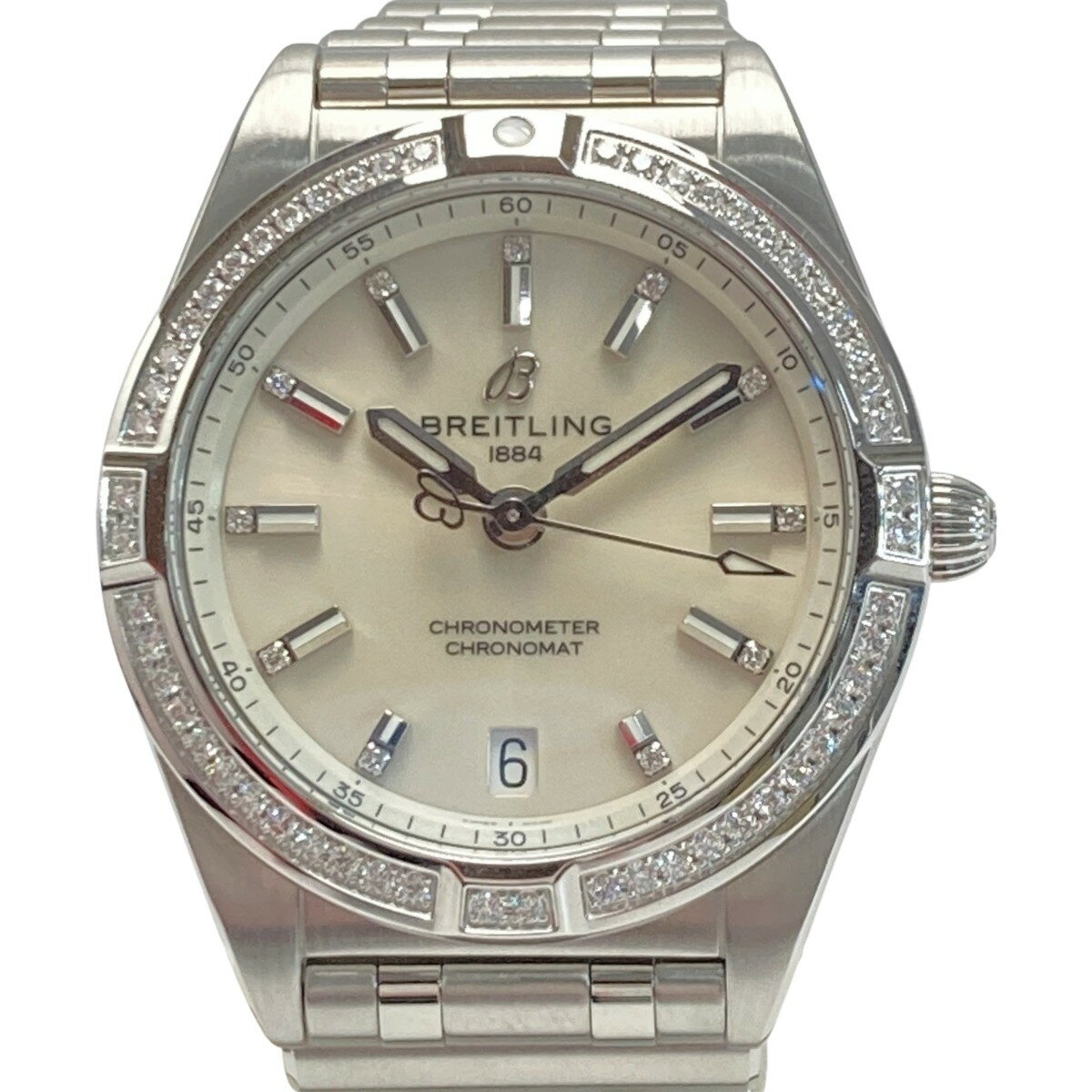 ☆☆【中古】BREITLING ブライトリング クロノマット32 ダイヤベゼル 11Pダイヤ A77310 シルバー クォーツ レディース 腕時計 ケース有 Bランク