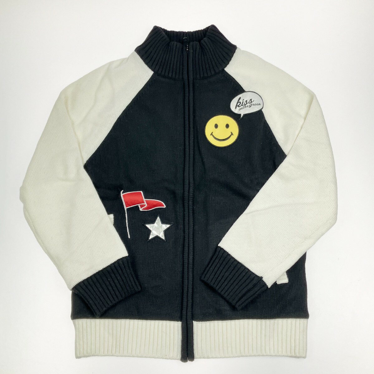 ▽▽【中古】kiss on the green レディース ゴルフウェア ニット ブルゾン スマイルワッペン ブラック 開封未使用品 Sランク