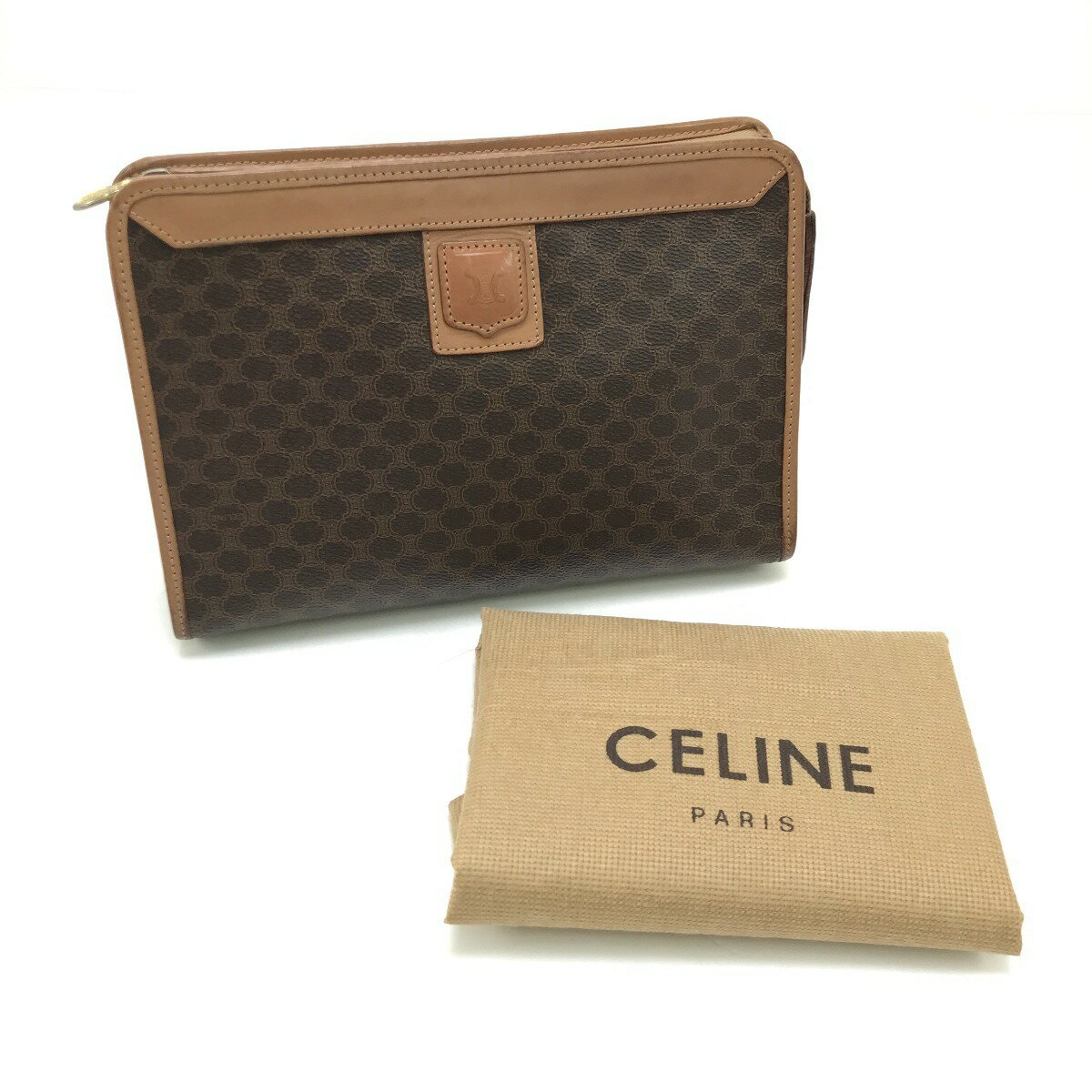 $$【中古】CELINE セリーヌ クラッチバッグ マカダム柄 ブラウン Bランク