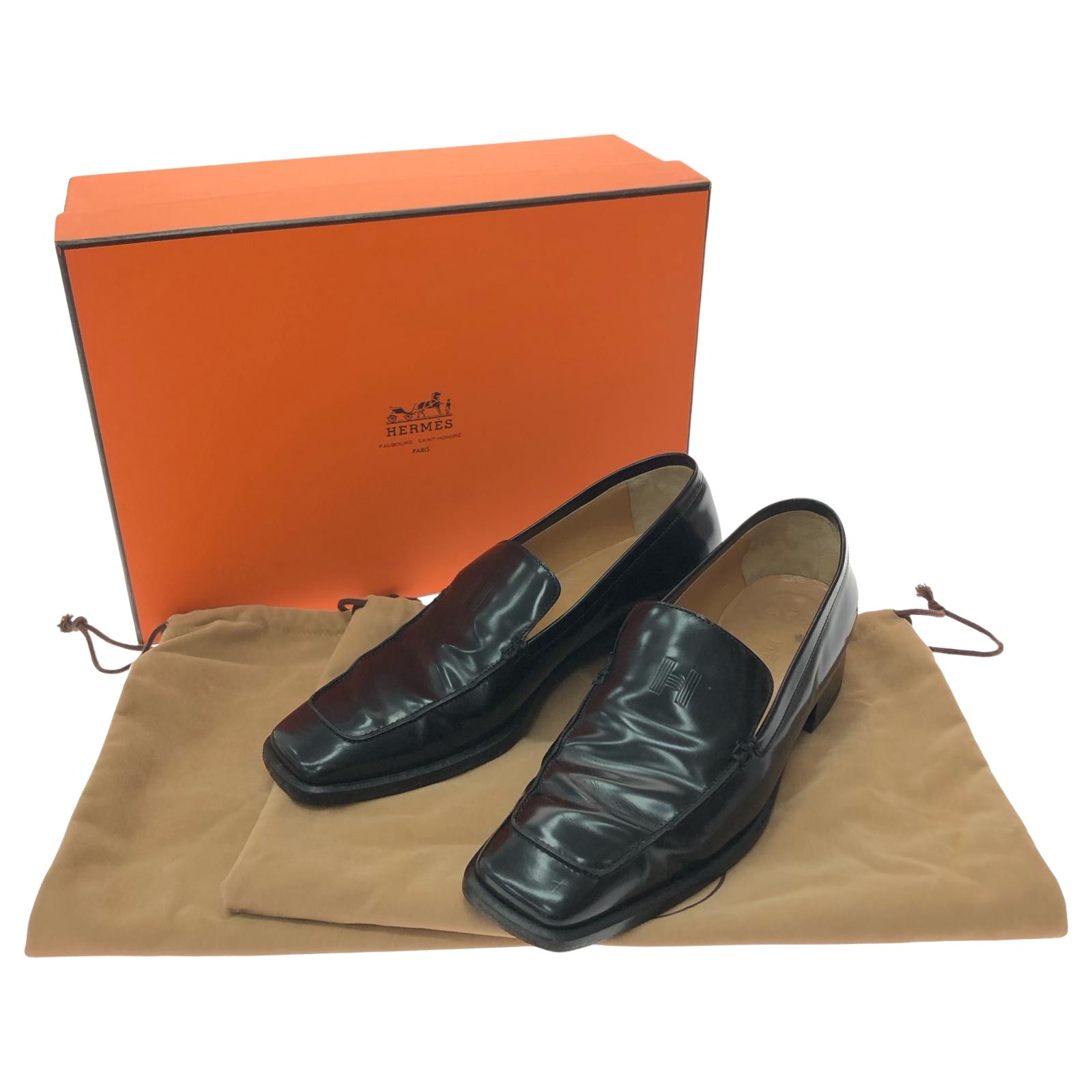 ▼▼【中古】HERMES エルメス レディース ローファー Hロゴ 型押しマーク タバコ臭有 サイズ不明 24cmくらい ブラック Bランク