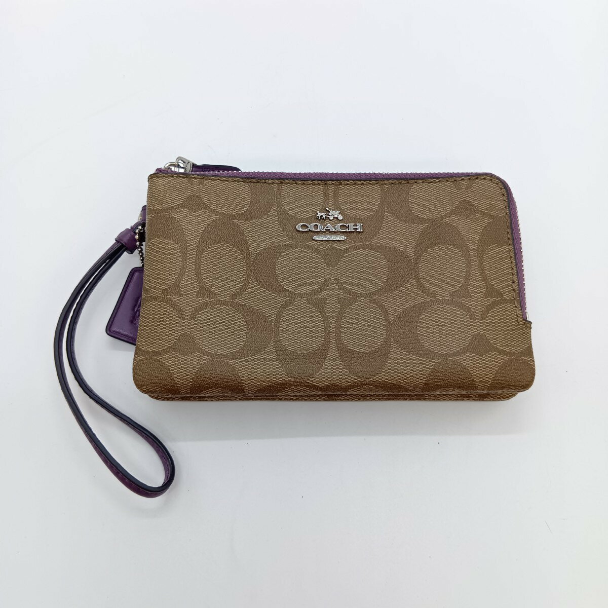 ◎◎【中古】COACH コーチ ダブル コーナー ジップ リストレット シグネチャー キャンバス ポーチ F87591 ベージュ Cランク