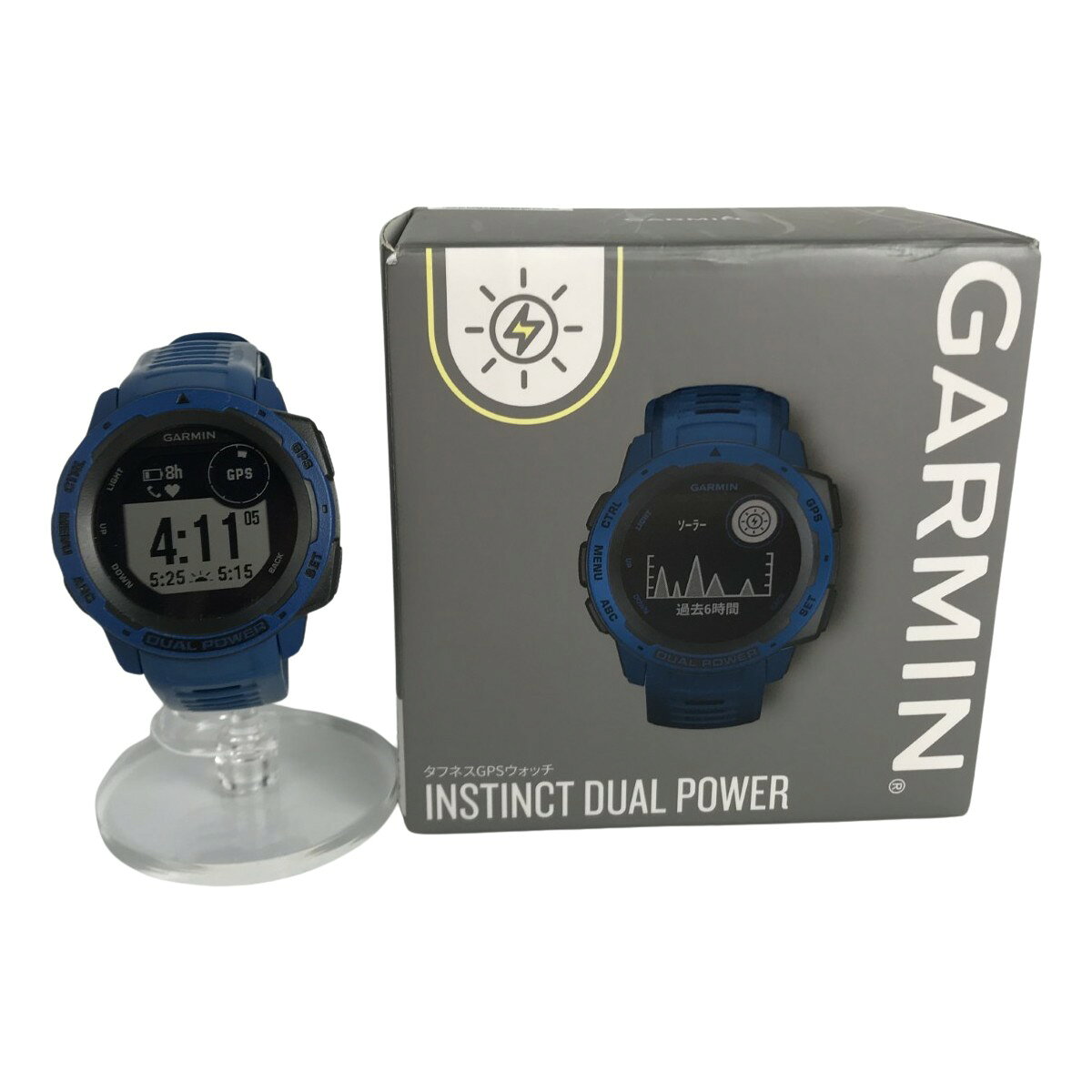 ■■【中古】GARMIN タフネスGPSウォッチ INSTINCT DUAL POWER 箱・取説付 010-02293-35 ブルー Bランク