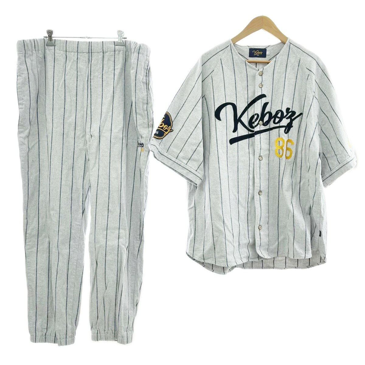 【中古】Keboz ケボズ セットアップ Lサイズ ストライプ ベースボール ワッペン 219-1037 ライトグレー Bランク