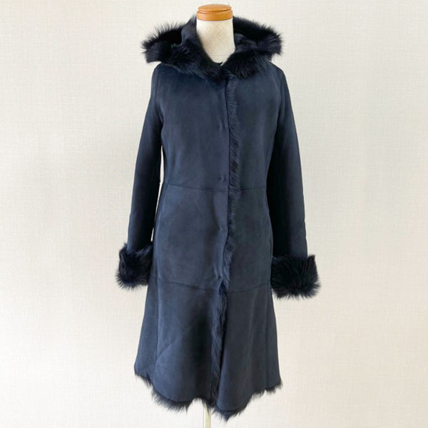 樂天商城 - ネイビー トスカーナ スエード 5フック ロング ムートンコート フード付き ロングコート ムートン コート レディース アウター ムートンウエア レディースムートン