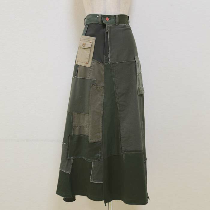 オリジナル　パッチワーク風　スカート　（モスグリーン色、ポケット部分ベージュ）11