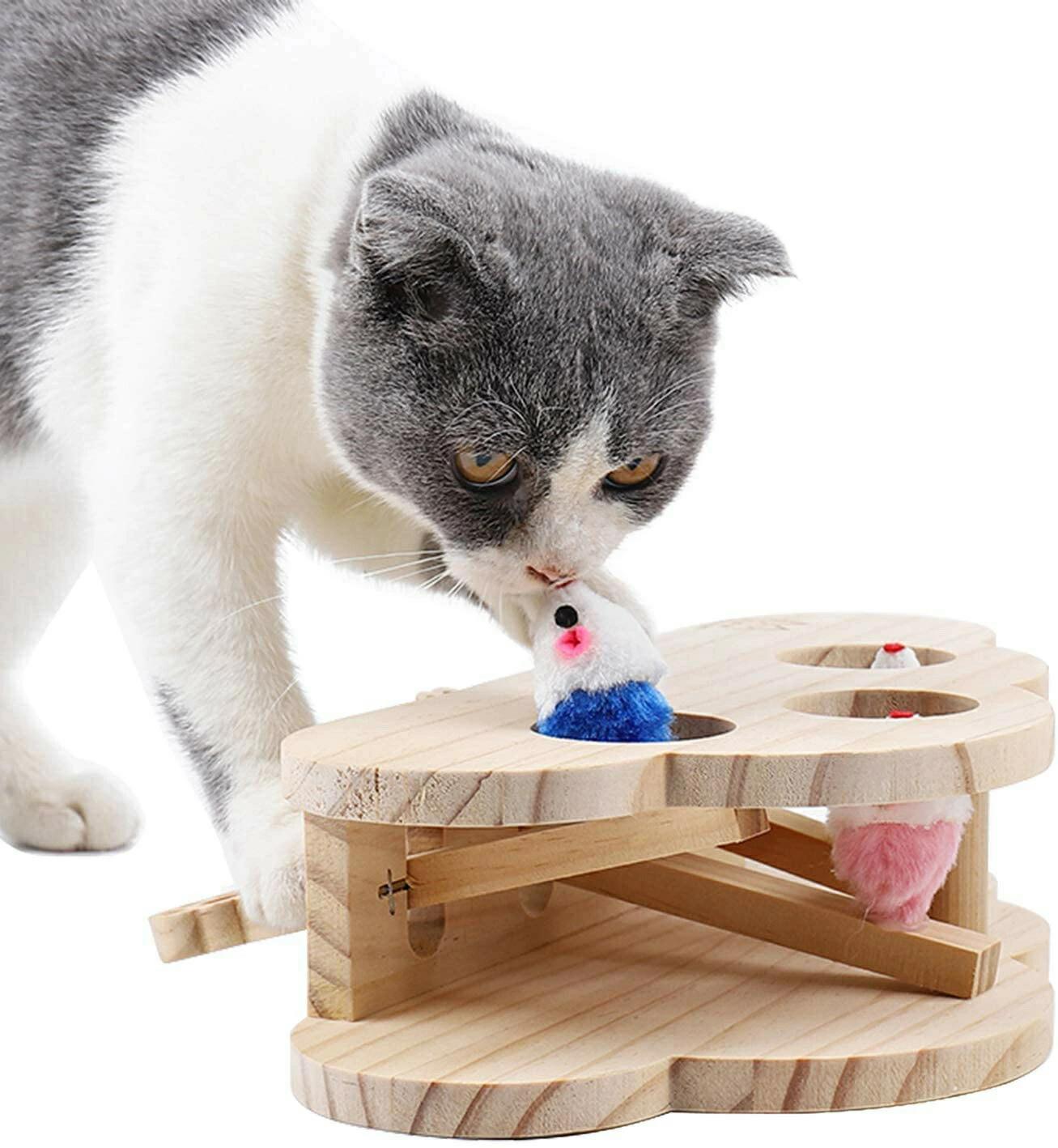 雅和屋の猫じゃらし 猫 おもちゃ 木製 モグラ叩き ネコ ねこのおもちゃ マウス ネズミ 知育玩具 自分で遊ぶ好奇心をくすぐる もぐらたたき 運動不足 ストレス解消｜アングル2