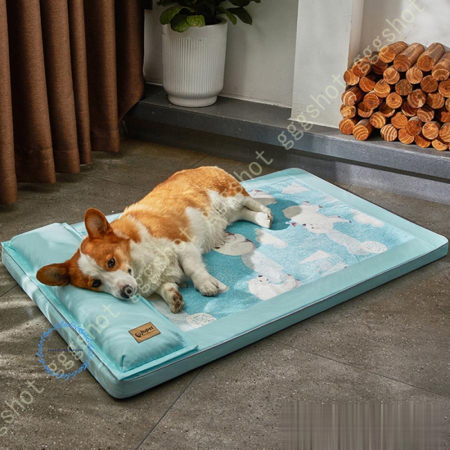 Large Dogs - ペットベッド 夏 冷感素材 涼しい 犬 犬用 滑り止め 夏用 洗える 枕付き犬用マット 猫 小型犬 大型犬対応 軽量 四角 カバー 折り畳む ペット用布団