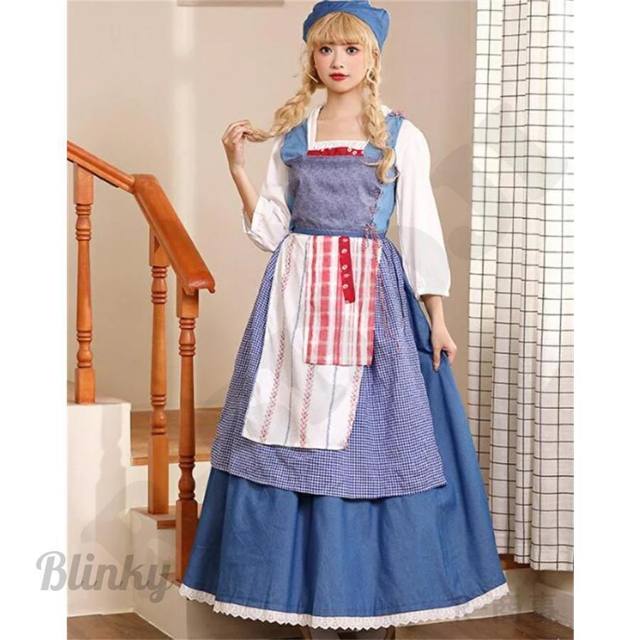 セット内容 5点シャツ+ベスト+頭飾り+エプロン+スカートモデル参考サイズ：身長：165CM 体重：43KG 着用サイズ：SCheckPoint 　ハロウィン 田舎 農場 メイド服 民族衣装 ブルー コスプレ衣装 コスチュームハロウィン注意...