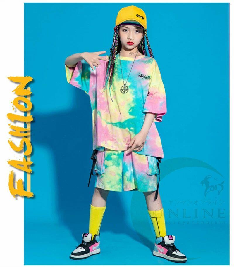 Rakuten - タイダイ柄 派手シャツ キッズダンス衣装 セットアップ 上下 おしゃれ 女の子 男の子 韓国 Tシャツ 半袖 ネオンカラー 短パン ショートパンツ 演出 ヒップホップ ジャズダンス 練習 HIPHOP jazz ステージ衣装 ダンス衣装 キッズ タイダイ