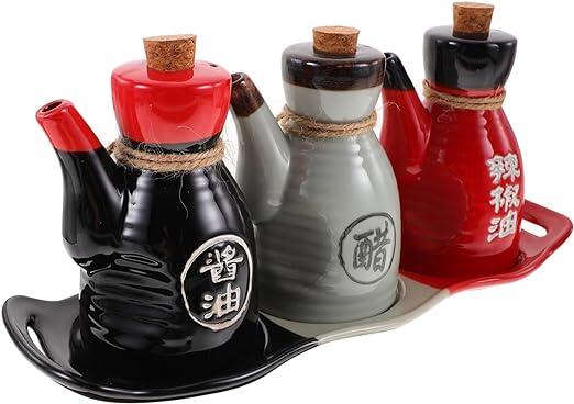 3個セット和風オイルと酢ポット蜂蜜容器蜂蜜ディスペンサー調味料ディスペンサー磁器酢瓶セラミック調..