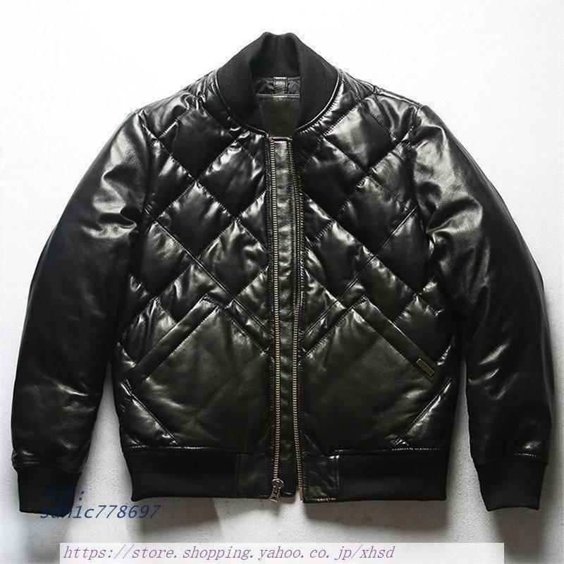 乐天商城 - 本革ダウンジャケット 菱形柄 レザーダウン 羊革ダウン 羊革 キルティング ダウン 本革ジャケット レザージャケット 防寒 メンズ