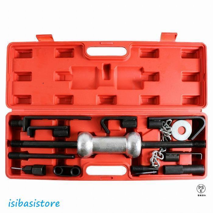 ボディーの引き出し作業等に！強力ウエイトのスライドハンマーが凹みや曲がり、歪みを直します。さまざまな種類の先端アダプターが付いているので、フェンダーアーチ、ドアストライカー、フェンダー間の隙間など様々な場所の板金作業が可能となります。軽自動車から普通自動車まで幅広くご使用いただけます。セット内容・スライディングハンマー・ストレートアタッチメント×2・スクリューアタッチメント・チェーンプーリングアタッチメント・L形フックアタッチメント×4　などサイズ：詳細 画像参照ハンマー重量：3.5kg（単体）詳しくは下記をご確認ください。ボディーの引き出し作業等に！強力ウエイトのスライドハンマーが凹みや曲がり、歪みを直します。さまざまな種類の先端アダプターが付いているので、フェンダーアーチ、ドアストライカー、フェンダー間の隙間など様々な場所の板金作業が可能となります。軽自動車から普通自動車まで幅広くご使用いただけます。セット内容・スライディングハンマー・ストレートアタッチメント×2・スクリューアタッチメント・チェーンプーリングアタッチメント・L形フックアタッチメント×4　などサイズ：詳細 画像参照ハンマー重量：3.5kg（単体）詳しくは下記をご確認ください。