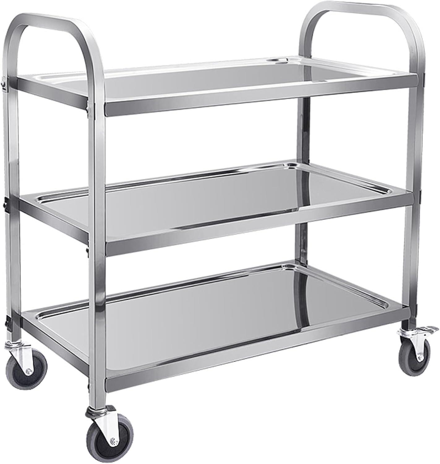 商品説明 商品詳細 耐荷重：サイズ：75*40*83.5CM 3段階の高品質ステンレス製のキッチンカートです；毎段階の耐荷重は50kg ；三段階の耐荷重は150kg；大容量のキッチンカートです 高品質素材：主材:ステンレス 棚部分:ステンレスパンチング加工 キャスター:PP材で；静音 表面はきれいにメッキ塗装されているので； 鏡のように美しくなっています 組み立て式：組み立ては簡単で；携帯便利です；レストラン；病院；美容院；ホテル；図書館；家で使用はもちろん；休みの日でBBQやアウトドアなどの時間も使用いただけます 隙間収納にも使える：スリム 設計 ＆ キャスター付き；そして；ストッパーがついてありますから,；お部屋のちょっとしたすき間に収めることができます 組立時間：約15-25分 主な素材：201ステンレス キッチンやデスクサイドで活躍するマルチワゴン 棚板は約 21.5 cm間隔 天板サイズ(約)：幅70×奥行40cm 脚高さ：約13cm 天板耐荷重：50kg 棚板耐荷重：50kg 全体耐荷重：150kg 収納部内寸：幅85 奥行40 高さ10cm 商品サイズ：（約）幅75×奥行40×高さ83.5cm キャスター4個　(ご注意：うちストッパー付2個) あらゆる厨房で小回りのきく多目的なステンレス製サービスワゴンです。 高品質のステンレス製、便利な機能が充実したパンチングラック3段です。 ストッパー付きのキャスター、移動に便利なハンドル付きで移動ラクラク。 調理中でもすぐ手が伸ばせるように調味料や食器のスペースにしたり、来客セットを収納したりと使い方いろいろ。細かなアイテムを収納し、お部屋の整理整頓に役立ちます。 一般的なダイニングテーブルとほぼ同じ高さとなっているので、炊飯器や、お鍋の材料を置くのにも便利。 重量物の運搬や整理にもご使用頂けます。水にも熱にも強い丈夫なラックです。 ステンレス製のため、汚れにくく、掃除も楽です。 水に濡れても錆びにくく、品質の心配はありませんよ グラつきを軽減するため、直径約2.5cmの太いパイプをフレームに使用。また移動が簡単にできるキャスター脚は、ストッパー付きで安心。 セット内容 サイドフレーム×2本 棚×3枚 固定用ネジ×12個 キャスター（ストッパー付き）×2個 キャスター（ストッパーなし）×2個 六角レンチ×1本 関連キーワード キッチンワゴン キャスター付き 作業台 配膳 配膳台 キッチン収納 キッチンラック 可動ワゴン 小物収納 キッチンカウンター 台所収納 大容量 注意事項 ※画像はご覧になっているモニターやPCなどの環境により、実物と多少カラーが異なる場合がございます。 ※ページに記載の通りですが、製造時期や改良などによって仕様が若干異なる場合がございますので何卒ご了承下さい。 ※基本的には全国一律送料無料と対応させていただきますが、ご送付先は沖縄・北海道など離島の場合は2500円の送料をご請求させていただきます、ご注文後追加送料があります。 ※色味やサイズが異なるなどのクレームはご対応致しかねますので、ご了承ください。 ※商品のサイズは採寸方法によって、若干な誤差が生じる場合はあります。ご了承ください。 ※こちらの対応と商品について何かご不満がありましたら、「レビュー」を付ける前に一度ショップとご連絡してお願いいたします、ショップの誠意を持って最後まで対応させていただきます。 品質保証 ◎※販売している商品は全て新品未使用です、倉庫から出荷前に検品必要ですので、箱を開封する場合もございます、予めご了承くださいませ。 ◎※初期不良の場合は到着後3営業日以内にご連絡ください。 ◎※初期不良の場合は写真や動画を送って下さい、確認後無料で新品交換もしくは御返金致しますのでご連絡下さい。 ◎※写真や動画を送っていただけない場合は技術者と確認できません、返品返金対応出来ない可能性が御座います、予めご了承くださいませ。