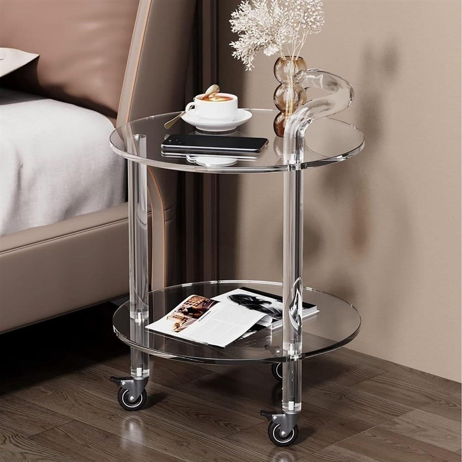 アクリルサイドテーブル、車輪付きトレイ 、可動エンド 、アクリルサービングカート、スナック 、ベッ..