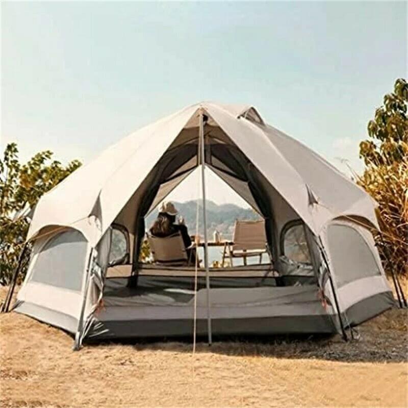 アウトドア キャンプ 六角形 キノコ テント クイック オープン 3-6 人 家族 UV 登山 車 自動運転 日よけ特徴：1.通気性と耐日光性に優れたキャンプ多層肥厚防雨性と防露性、高価値、クラシックな配色、優れたハウスタイプ、簡単に円を打ち抜くことができます。2.広いスペースはファミリーキャンプやキャンプ旅行に最適なので、家族全員が快適な環境と空間を楽しむことができます。3.UVコーティングされた生地を心配する必要はありません.コーティングされた生地は、日中他のキャンプ用品と一緒に涼しく快適に感じ、生活をさらに快適にします.4. 広々とした8面の窓と2面の広々とした出入り口が、いつもと違う開放感を演出します。5.テントの耐久性と耐久性のあるフレームは、強風でも強く、信頼性があります。仕様:きのこのテント: 3-4 人用、6-8 席耐雨性 中雨〜大雨風の抵抗: 5-6 レベル外径：W345×D325×H175cm内径：W320×D280×H155cm外部/内部アカウント: シルバー PU 1500MM でコーティングされた 190T ポリエステル生地勘定底：150Dオックスフォード生地 PU3000MM包装内容明細書：1 * キャンプ テント (インストール アクセサリーを含む)自動テント：このファミリーテントは簡単なデザインでセットアップが簡単です。 自動キャビン テント、ワンクリックで構築、セットアップが簡単、3 秒で開きます。 また、最高かつ必須のキャンプアクセサリーの1つであり、キャンパーへの素晴らしい贈り物です。? 高品質の防水生地：インスタントキャビンテントは190Tリップストップポリエステル生地で巧みに作られており、PU3000mmコーティングで優れた防水性を提供します。 強力なグラスファイバーポールにより揺るぎない安定性が保証され、長期にわたるキャンプ体験をお約束します。? 通気性と換気のデザイン：バケーションテントには2つのフレンチドアと4つの換気窓があります。 上部のキャノピーのデザインにより、最大限の通気性と光が得られ、屋外の美しさを楽しみながら快適な体験が保証されます。 住宅のデザイン、室内空間はより広く、より快適になりました。? 6人用の広々としたファミリーテント: 寸法は320(L) x 280(W) x 155(H) CMです。 4つの寝袋に適しています。 アウトドアで充実した時間を過ごしたいご家族に最適です。? 余暇を楽しむ：どんな気象条件でもアウトドアキャンプ、ハイキング、車での旅行に最適です。 友達同士でも、家族連れでも、あらゆるシーンに合わせたキャンプ用品が揃っています。