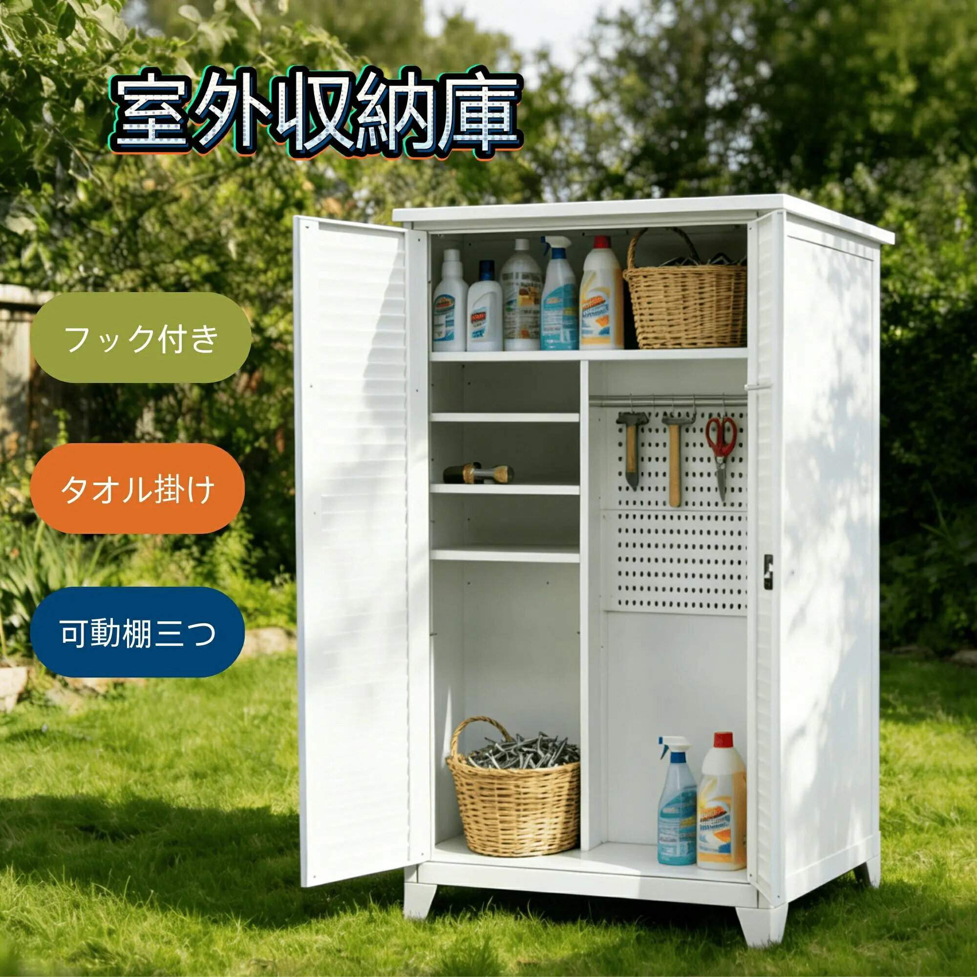 屋外大型収納庫 高さ185cm 両開きドア 鍵付き 収納ボード/収納ポール/タオル掛け付き 戸外物置倉庫 室..