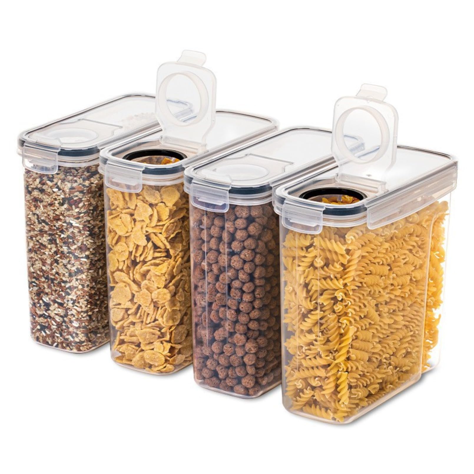 Rakuten - 【送料無料】密閉容器 食品保存容器 大容量4個のシリアル貯蔵容器セット、湿気を防ぐ 収納便利 よく気密性 スナック、砂糖用の気密食品保存容器 プラスチック ポップコンテナ ビックスクエア (ブラック（4L*4個）)