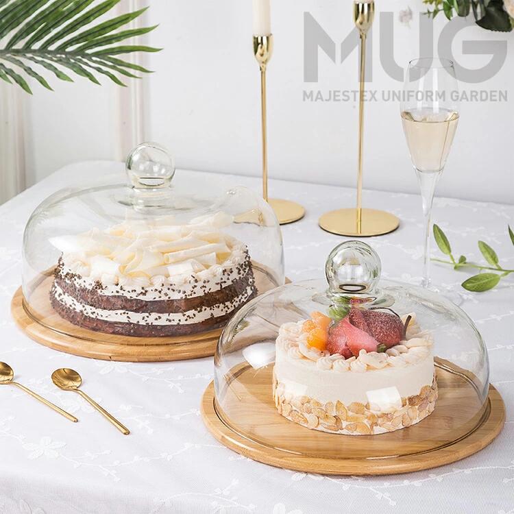 Rakuten - ガラスドーム ケーキカバー ケーキスタンド ブレッドケース 透明ガラス ケーキドーム 竹製トレイ付き 蓋付き お菓子 果物 デザート ケーキ スナック クッキー収納バスケット 誕生日 結婚式 宴会テーブル パーティー ビュッフェ用