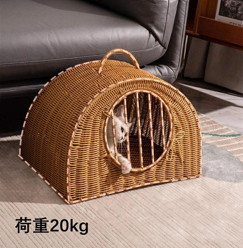 雅和屋のペットキャリー キャリー 模造籐織り おしゃれ キャリーバッグ 動物病院 ペットキャリーバッグ ボストンバック コンテナ小型犬用 ペットキャリー 猫ベッド 犬ベッド うさぎキャリー 丸洗いOK｜アングル3