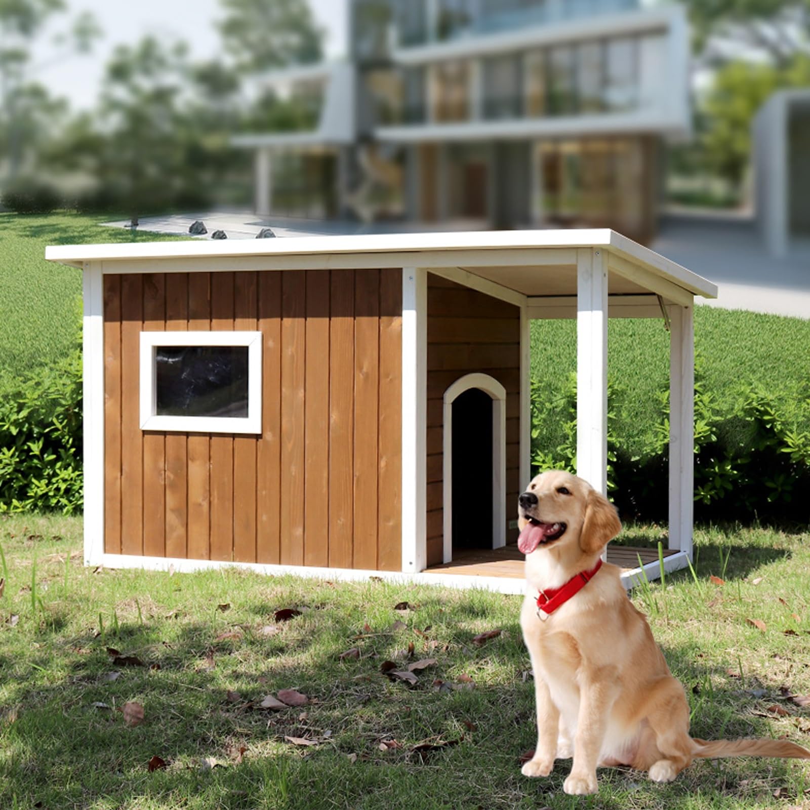 木製犬小屋 屋内用 無垢材アスファルト屋根犬小屋 大型ポーチ付き 小型犬から大型犬まで屋外パティオ用