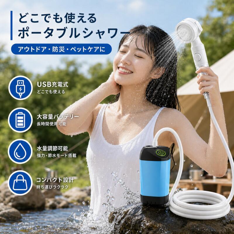 商品情報 商品名 ポータブルシャワー（コードレス電動シャワー） 商品説明 アウトドアや洗車、ペットケア、防災時など、さまざまなシーンで活躍するコードレスポータブルシャワーです。 バケツやタンクに水を入れてポンプを沈めるだけで、どこでも手軽にシャワーを使用できます。 USB充電式で電源不要、コンパクト設計で持ち運びにも便利です。 モデル ・4800mAhモデル（シンプル操作・軽量タイプ） ・6000mAhモデル（フルスクリーン表示・高機能タイプ） 主な特徴 ・コードレスでどこでも使用可能 ・USB / Type-C充電対応 ・最大約100分連続使用（満充電時） ・無段階水量調整（4800mAh） ・強力 / 節水モード切替（6000mAh） ・水温表示機能付き（6000mAh） ・電量パーセント表示（6000mAh） ・IPX7防水（ポンプ部分） ・約2mホースで自由に使用可能 バッテリー容量 4800mAh / 6000mAh 充電方式 4800mAhモデル：USB充電 6000mAhモデル：Type-C充電 防水性能 IPX7（ポンプ部分） ホース長さ 約2m 使用方法 ホースとシャワーヘッドを接続します。 ポンプ本体を水の入った容器に入れます。 電源ボタンを押すだけでシャワーが使用できます。 セット内容 本体 / シャワーヘッド / ホース / ホルダー / 充電ケーブル / 収納袋 使用シーン キャンプ / アウトドア / 洗車 / ペットケア / ガーデニング / 海水浴 / 防災対策 注意事項 ・水以外の液体では使用しないでください。 ・使用環境により水圧や使用時間は異なる場合があります。 ・測定方法によりサイズや重量に若干の誤差が生じる場合がございます。 ・モニター環境により色味が異なる場合がございます。