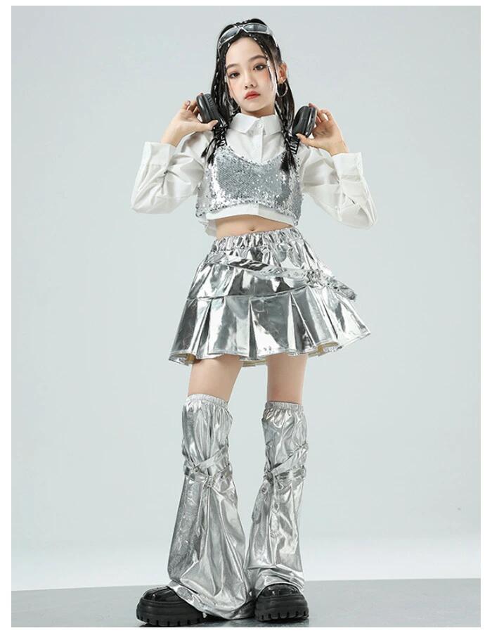 ダンス衣装 女の子 銀 セットアップ キッズ ダンスウェア へそ出し ヒップホップ ...