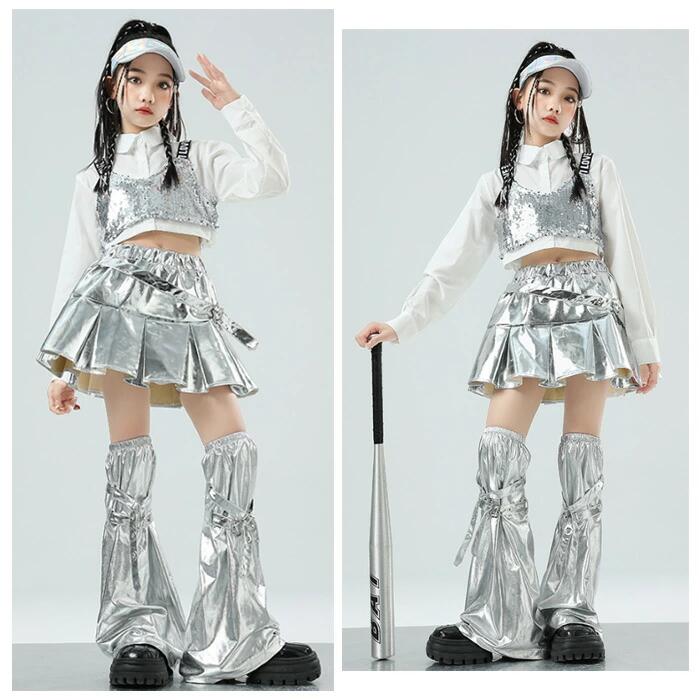 ダンス衣装 女の子 銀 セットアップ キッズ ダンスウェア へそ出し ヒップホップ ...