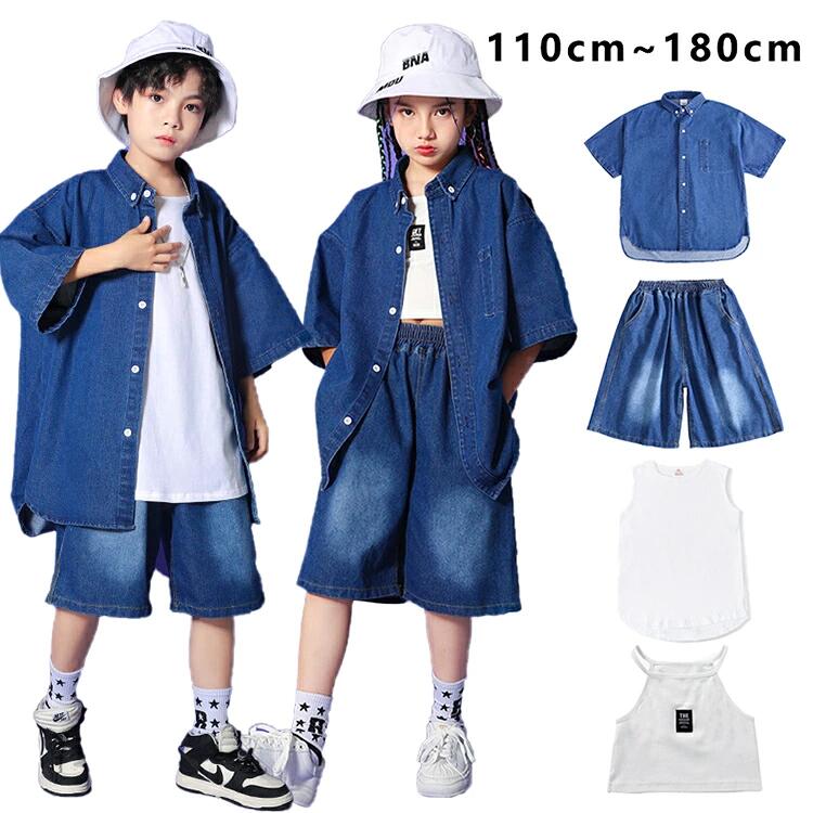 キッズ ダンス衣装 ヒップホップ ステージ衣装 3点セット デニムシャツ デニムパンツ セットアップ 女の子 男の子 かっこいい 子供服 ..