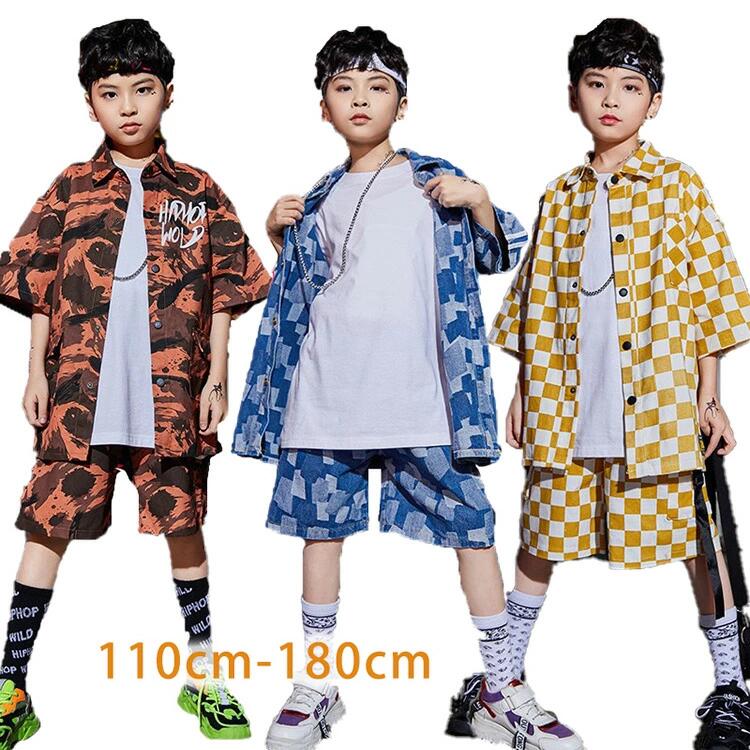 Rakuten - 2点セットアップ半袖 男の子 女の子 ダンスウェア ヒップホップ おしゃれ ダンス衣装 セットアップ ゆるシャツ 半袖 男の子 女の子 ガールズ 韓国 子供服 シャツ 迷彩柄 チェック デニム 派手 ヒップホップ キッズ ダンス衣装 カジュアル ジュニア おしゃれ 110-180cm