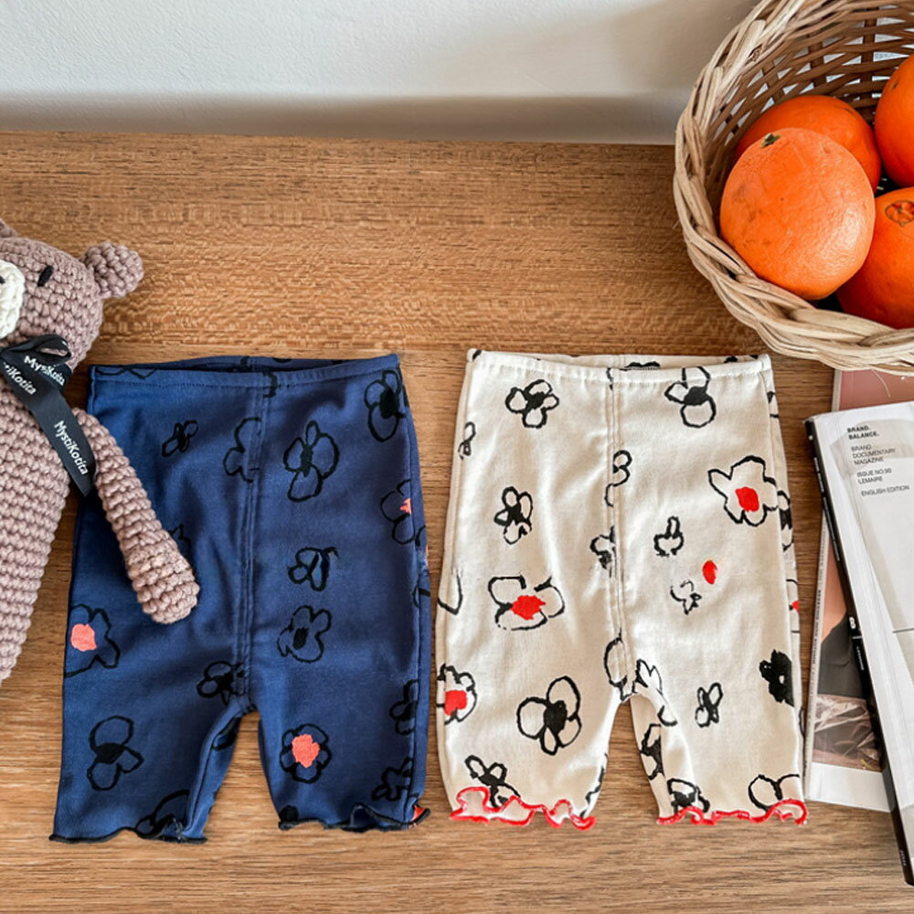 ポップな手書き風イラスト花柄 ショートレギンス 5分丈フラワーイラスト スパッツ 子供服 女の子 夏服 ポップ メロウ仕上げ キッズ スパッツ ハーフレギンス ショートパンツ パッツ リブ ショート レギンス サイクルパンツインナー ストリートダンス衣装 部屋着 robep0394 2