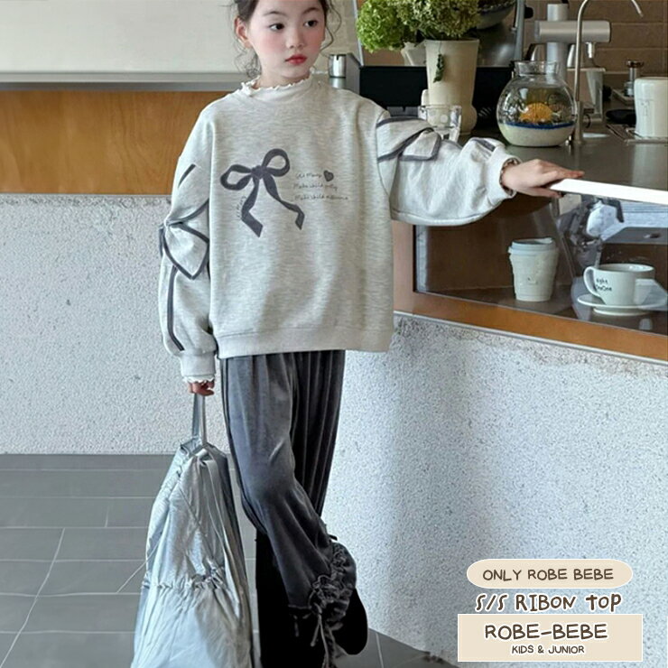 乐天商城 - 2026 袖リボン付き春スウェット 可愛いRIBONプリントスウェット 肌触りの良いスウェット 春スウェットトップス ししゅうスウェット生地 T プリントポイント コットントップス おしゃれコーデ使いやすいTシャツ トップス 子供服トップス リボントップス robet0550