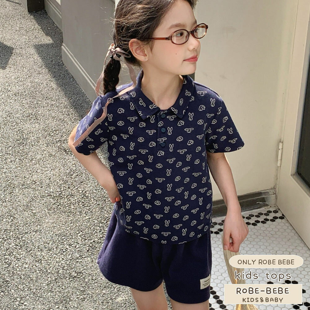 乐天商城 - キュートなウサギ総柄！涼しげな鹿の子（ピケ）素材トップス 爽やかな コットントップス おしゃれコーデも使いやすいTシャツ 定番 半袖 トップス 鹿の子 子供服 男の子 女の子 ウサギ イラスト 総柄 襟付き Tシャツ 春 夏 通園 通学 カジュアル お洒落 かわいい robet0560