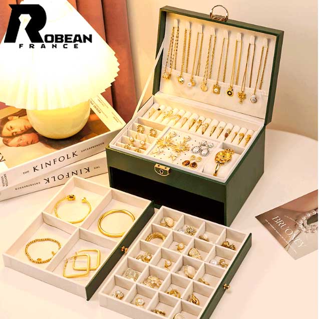 Rakuten - ROBEAN★PU素材 ジュエリーボックス アクセサリーケース 大容量 収納力 指輪 ネックレス イヤリング ピアス ブレスレット 小物 収納 保管 整理 整頓 レディース 女性用 自宅用 旅行用 日常使い 卓上用 インテリア シンプル デザイン ケース 箱