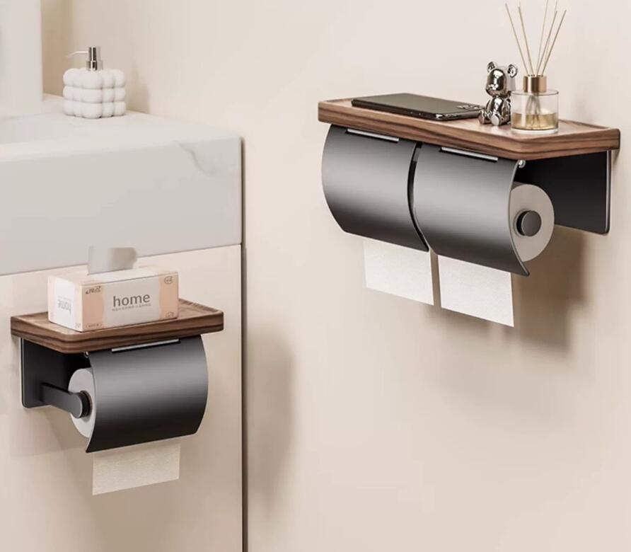 激安ショップROBINのトイレットペーパーホルダー おしゃれ 1連 2連 シングル ダブル 2倍巻き 3倍巻き ペーパーホルダー ホルダー カバー アイアン 鉄製 飾り棚 棚付き賃貸天然木 棚付 2連式トイレット収納対応紙巻器｜アングル2