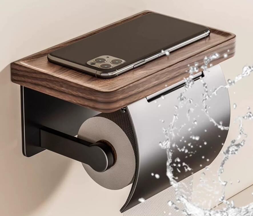 激安ショップROBINのトイレットペーパーホルダー おしゃれ 1連 2連 シングル ダブル 2倍巻き 3倍巻き ペーパーホルダー ホルダー カバー アイアン 鉄製 飾り棚 棚付き賃貸天然木 棚付 2連式トイレット収納対応紙巻器｜アングル3