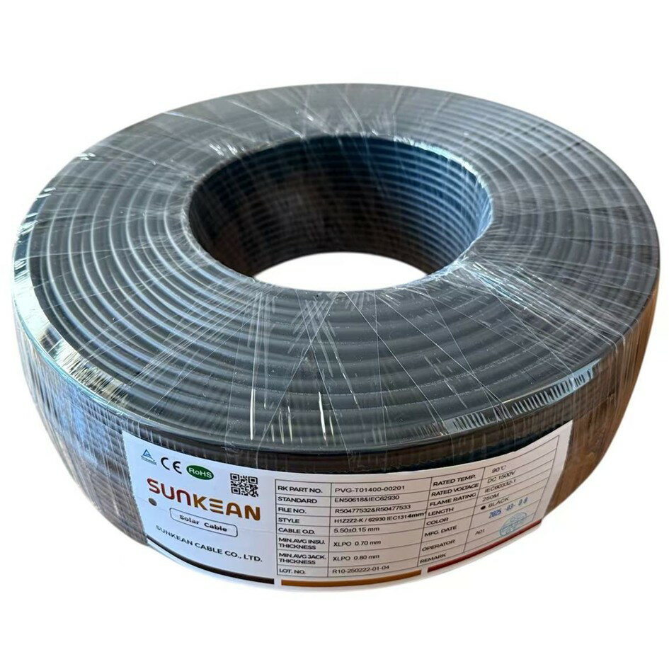 ソーラー 太陽光発電 ケーブル EN 4sq 62930 IEC131/H1Z2Z2-K 1500V 250m巻 黒
