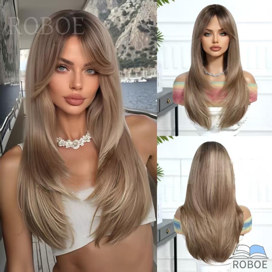 樂天商城 - 欧米系ヘッドキャップ ナチュラル 化学繊維ウイッグ 金色 ロングストレート レイヤー 中分 八字前髪 24inch ヘッドキャップ