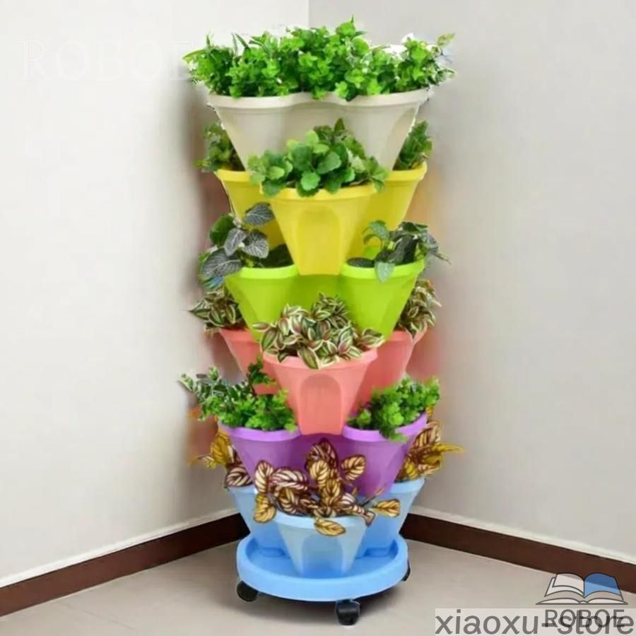 樂天商城 - タワー型プランター 6段垂直ガーデンプランター ホイール付き 4バルブ プラスチック 積み重ね可能 イチゴ植栽ポット 屋内屋外用 庭の植